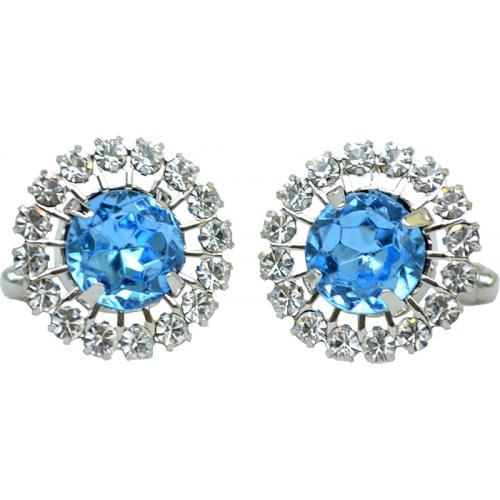 Fratello Silver Plated Round Cufflinks Set With Swarovski Crystals And Large Sapphire Blue Rhinestone CL016